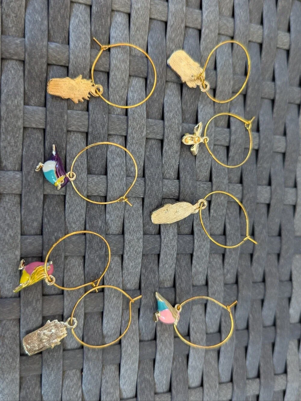 Set Of 8 Nature Themed Wine Glass Charms Birds, Plants, Bumble Bee, Cactus
